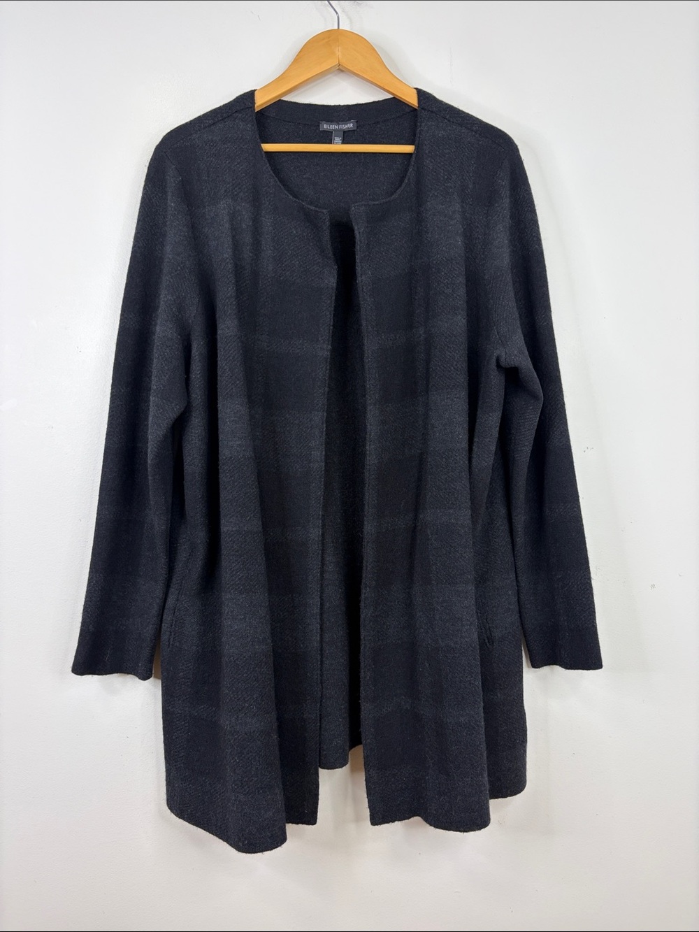 Eileen Fisher Sweater Womens XL Dark Gray Black Merino Wool Plaid Open Cardigan
